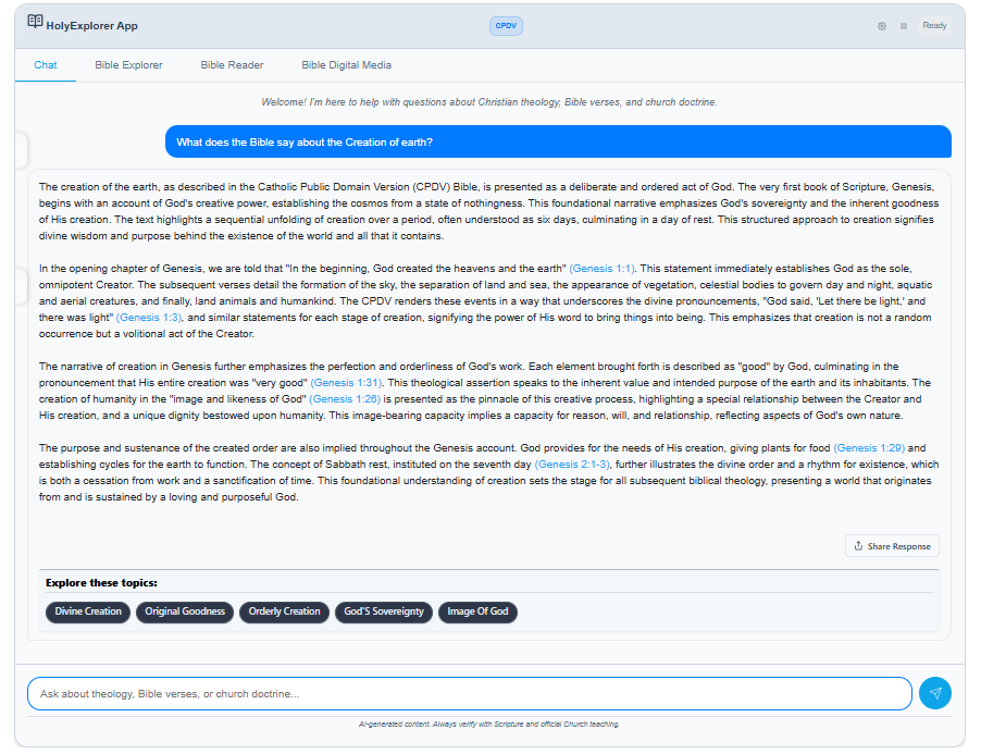 Bible Chat Widget showing a user question about the Creation of earth and a detailed AI response with clickable scripture links and Explore these topics chips at the bottom