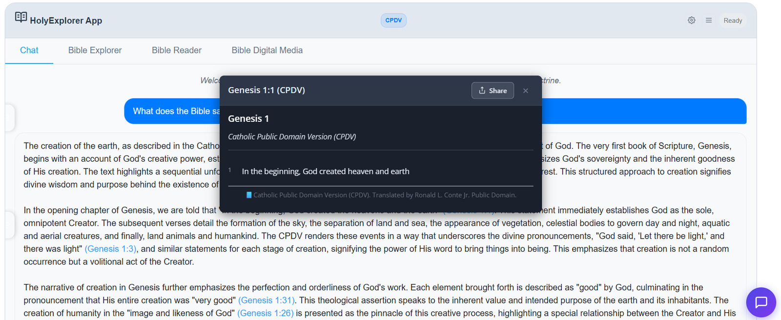Scripture reference popup showing Genesis 1:1 in the Catholic Public Domain Version (CPDV) with the verse text and a Share button
