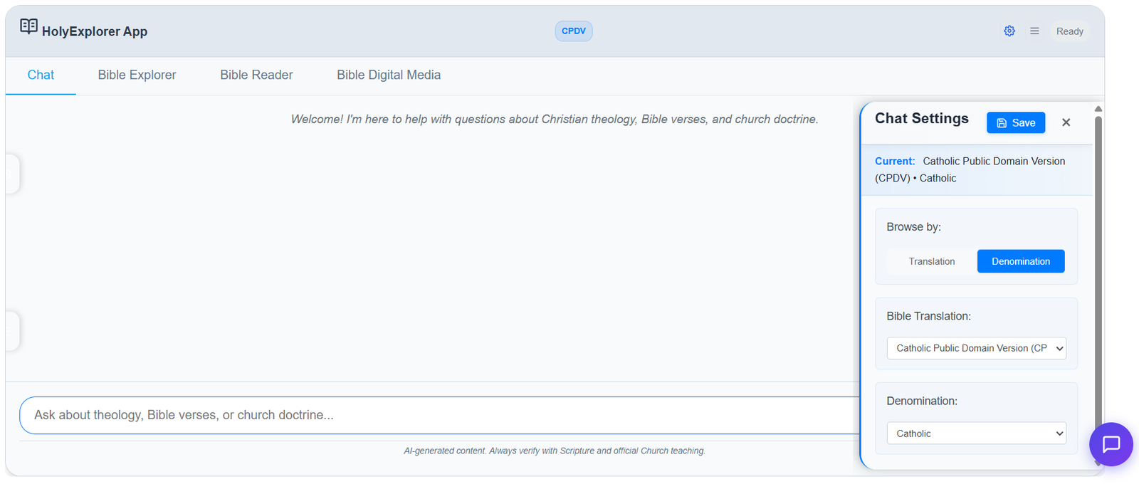 Chat Settings panel with the Denomination tab selected, showing Bible Translation set to Catholic Public Domain Version (CPDV) and Denomination set to Catholic, with a Save button