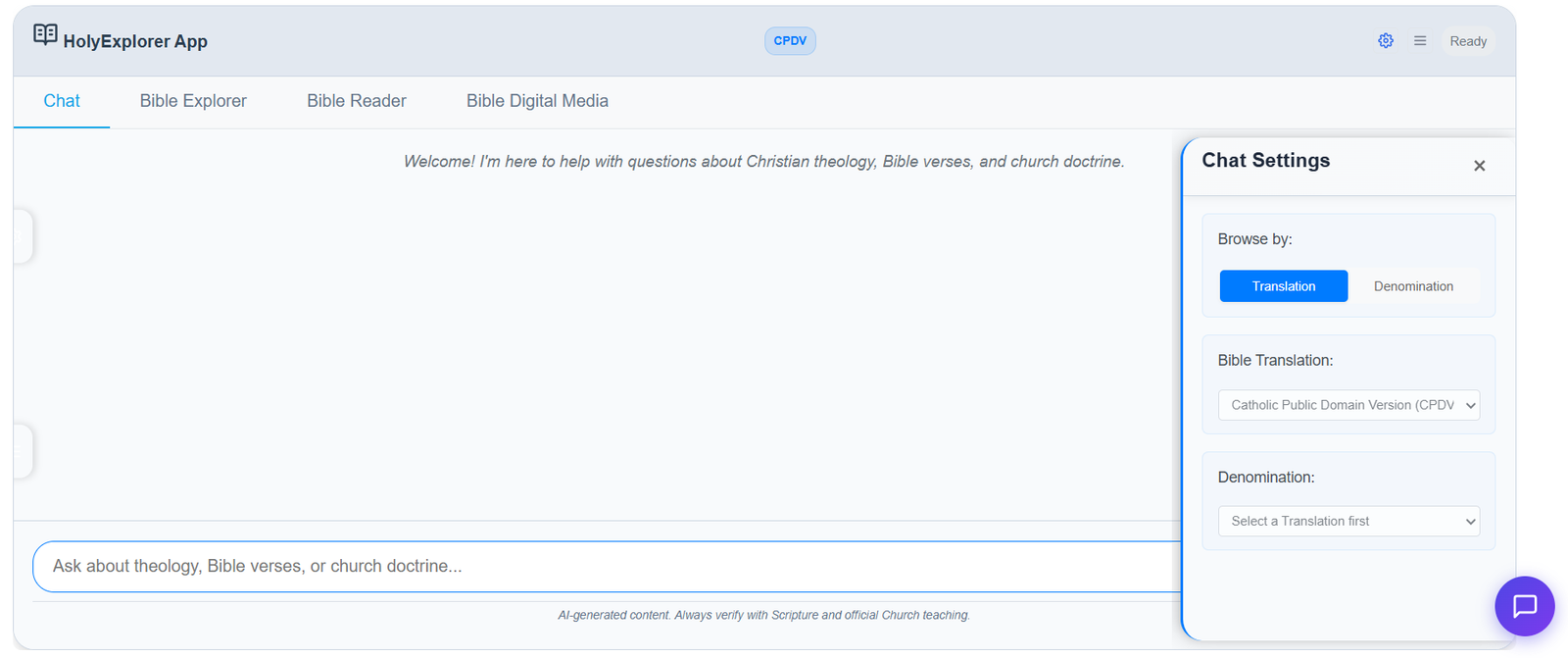 Chat Settings panel with the Translation tab selected, showing Bible Translation dropdown set to Catholic Public Domain Version (CPDV) and Denomination showing Select a Translation first