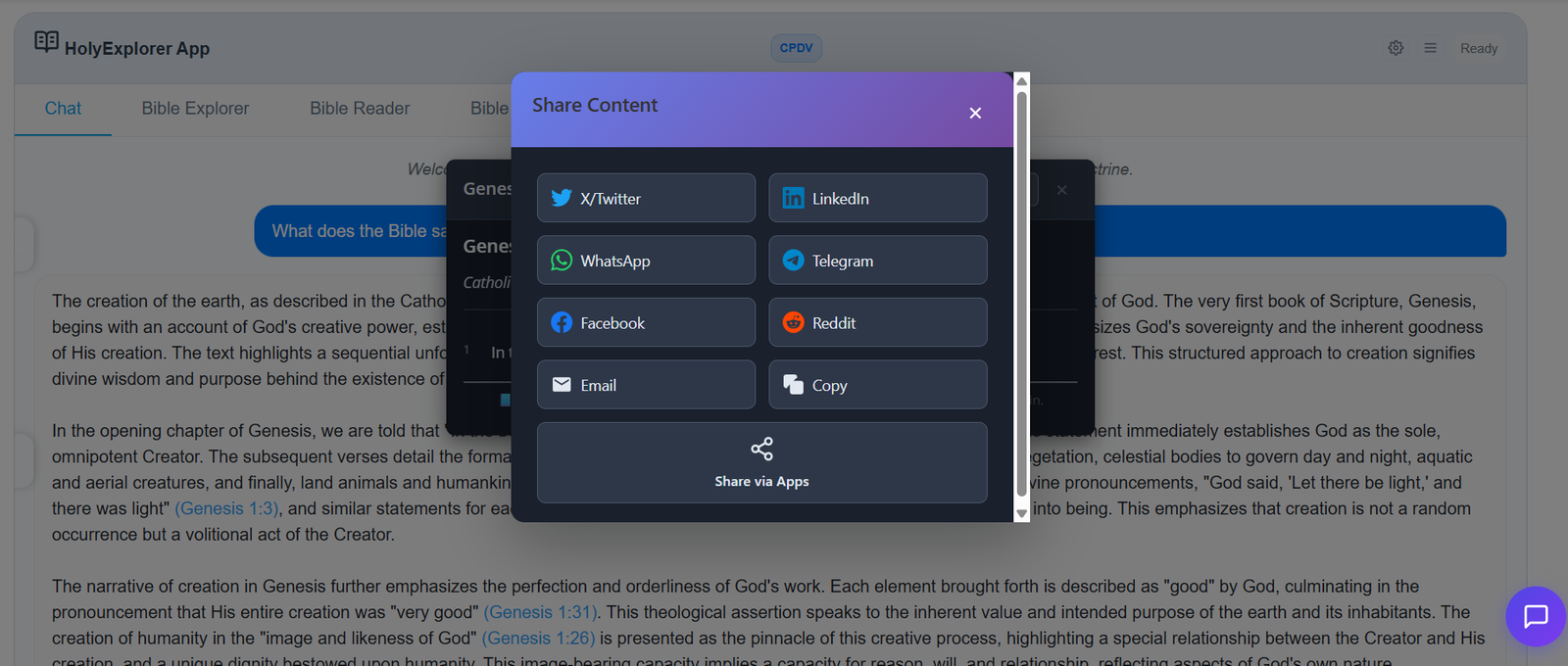 Share Content modal showing sharing options including X/Twitter, LinkedIn, WhatsApp, Telegram, Facebook, Reddit, Email, Copy, and Share via Apps